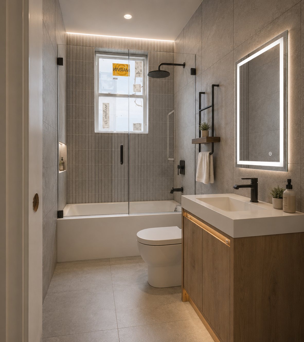 The Archer — spa-inspired bathroom with stone-look tile, matte-black fixtures, backlit mirror, and floating oak vanity
