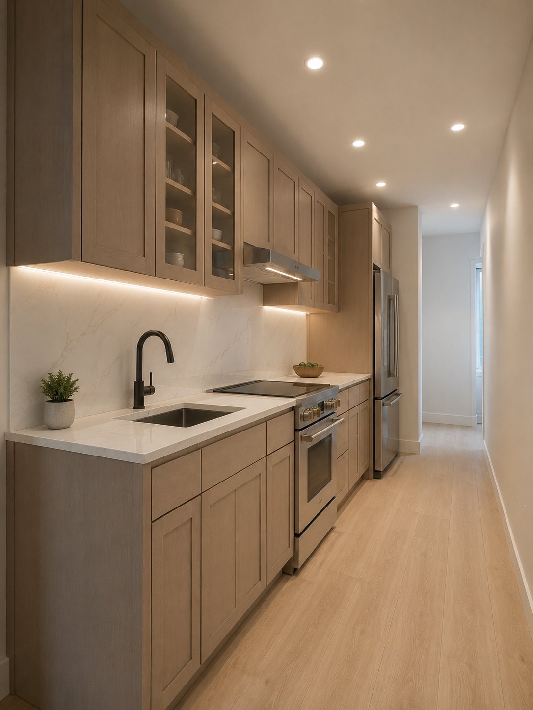 The Archer — chef-ready kitchen with custom shaker cabinetry, stone counters, and stainless appliances