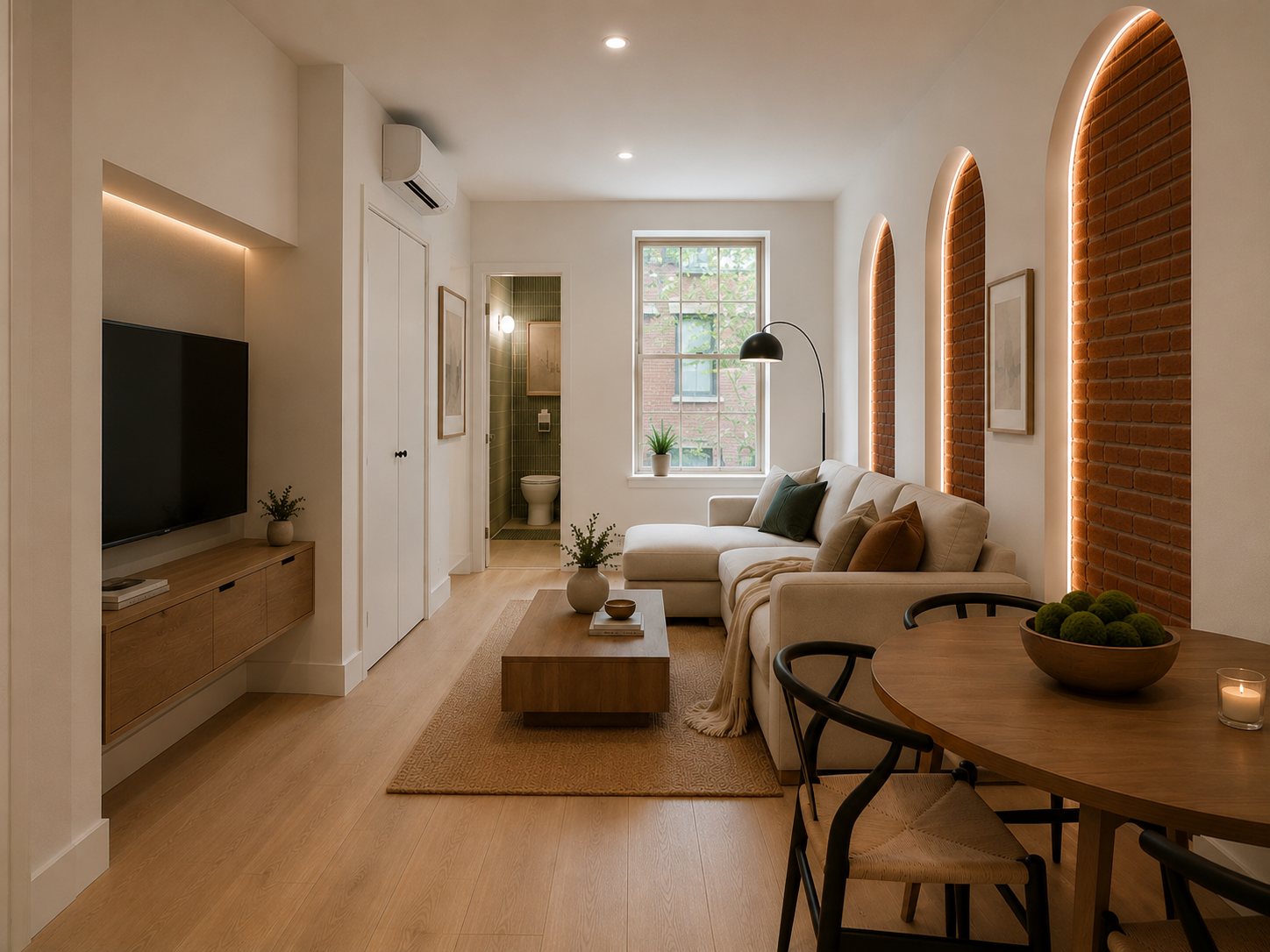 The Archer — open-plan living and dining with backlit arched brick alcoves and white oak floors